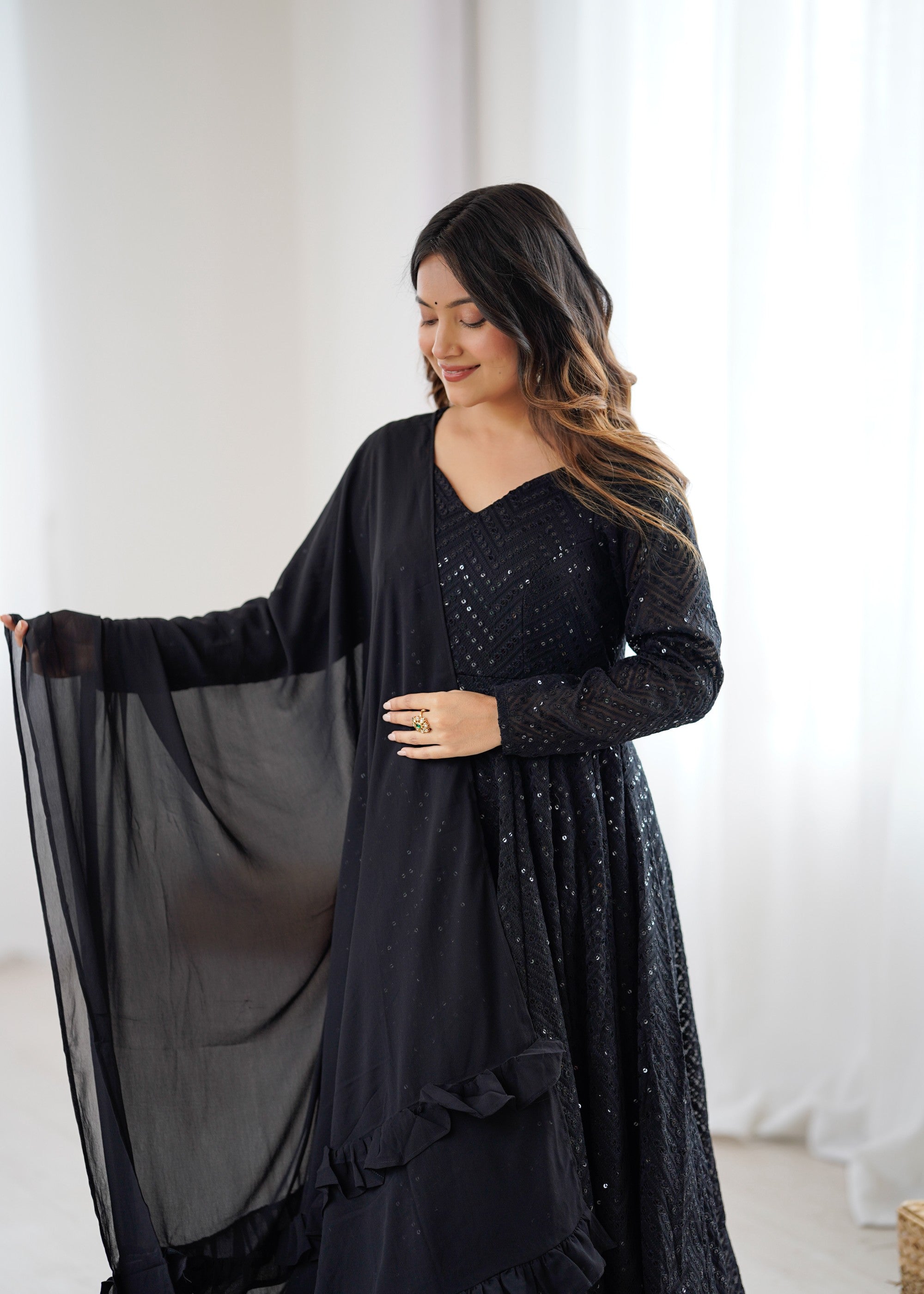 Black Lucknowi Sequence Work Anarkali Kurta Pant Dupatta Set