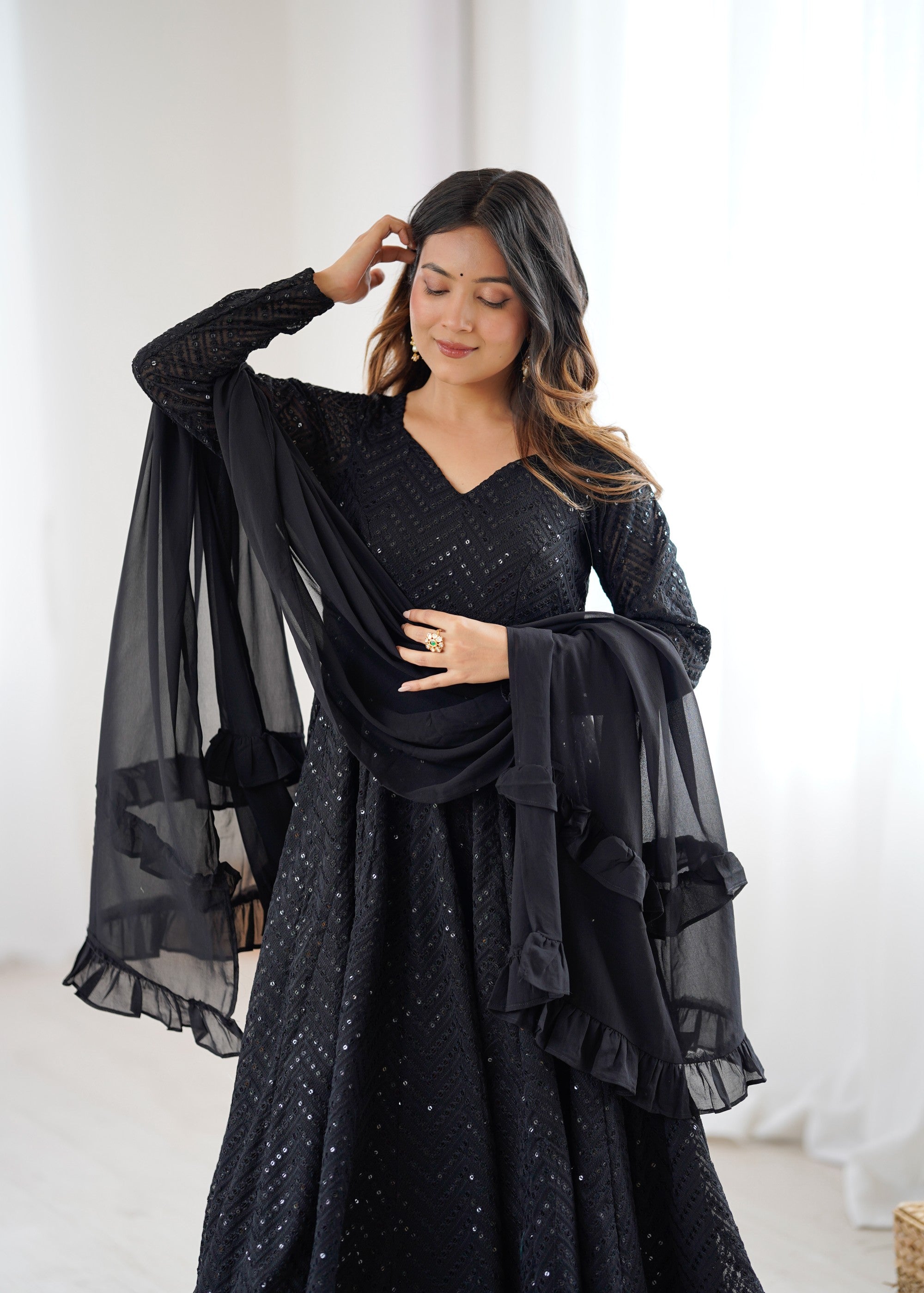 Black Lucknowi Sequence Work Anarkali Kurta Pant Dupatta Set