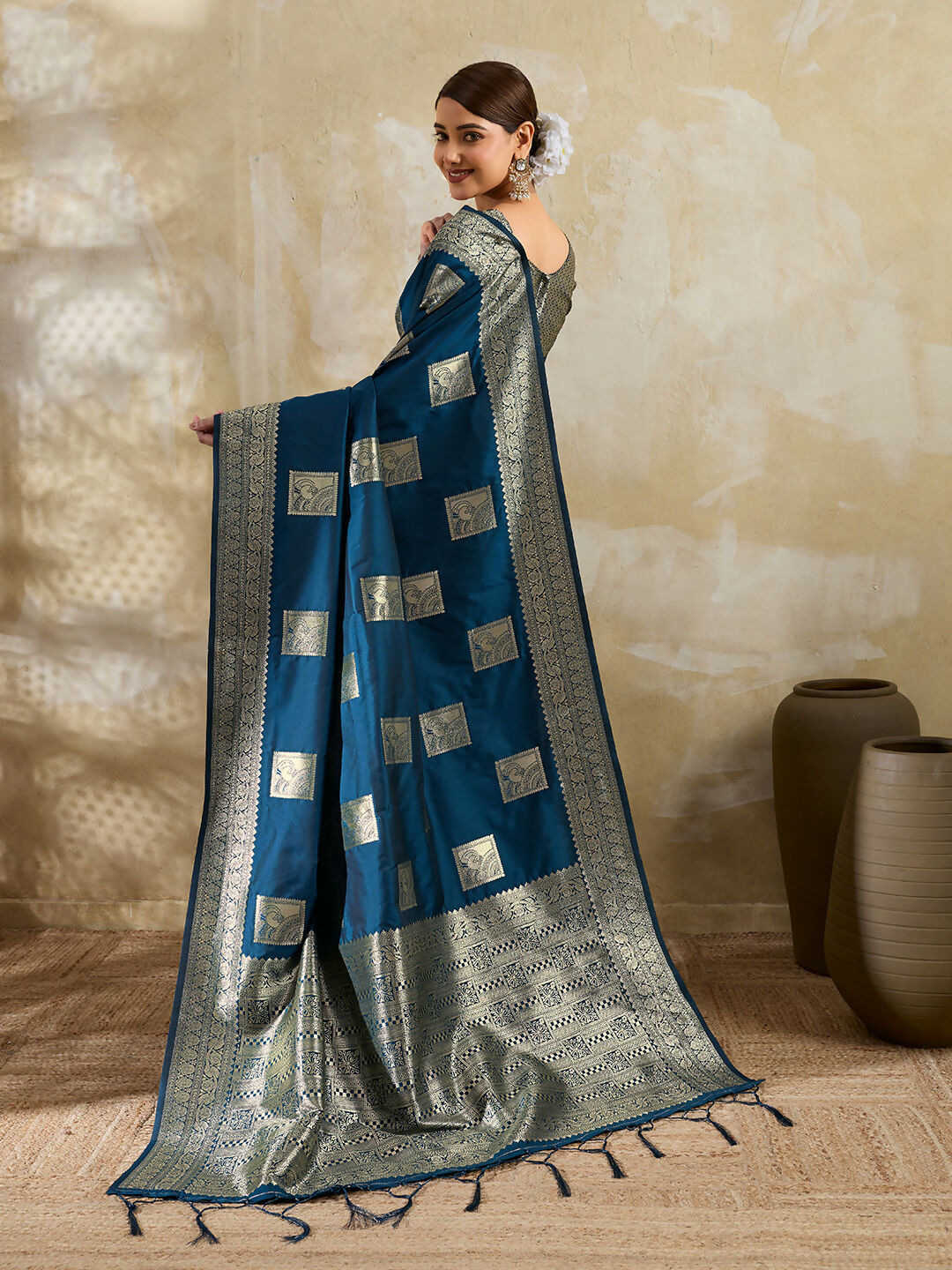 Teal Blue Silk Blend Saree with Matching Blouse Piece