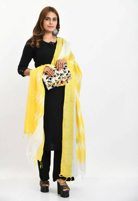 Women's Handloom Cotton Ikkat Dupatta in Sunny Yellow