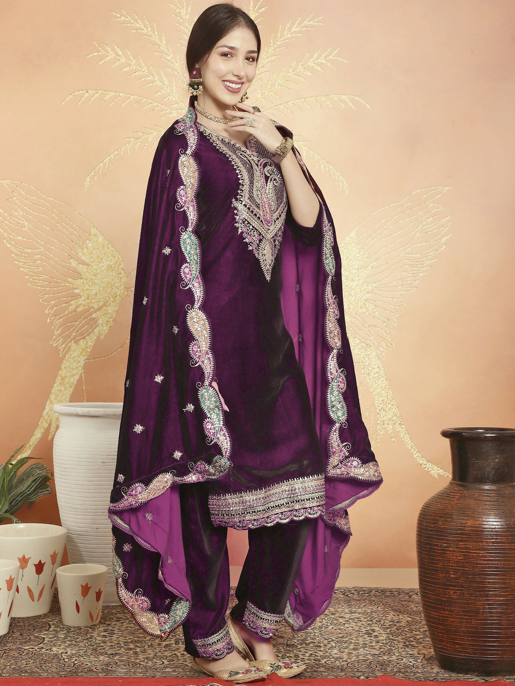 Wine Velvet Straight Kurta Set with Resham Thread & Sequin Work