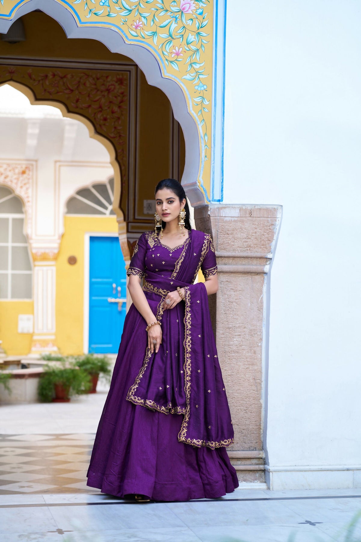 Vibrant purple NC silk lehenga choli set with embroidery work and dupatta