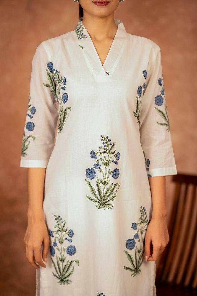 Off White and Blue Hand Block Printed Cotton Suit Set