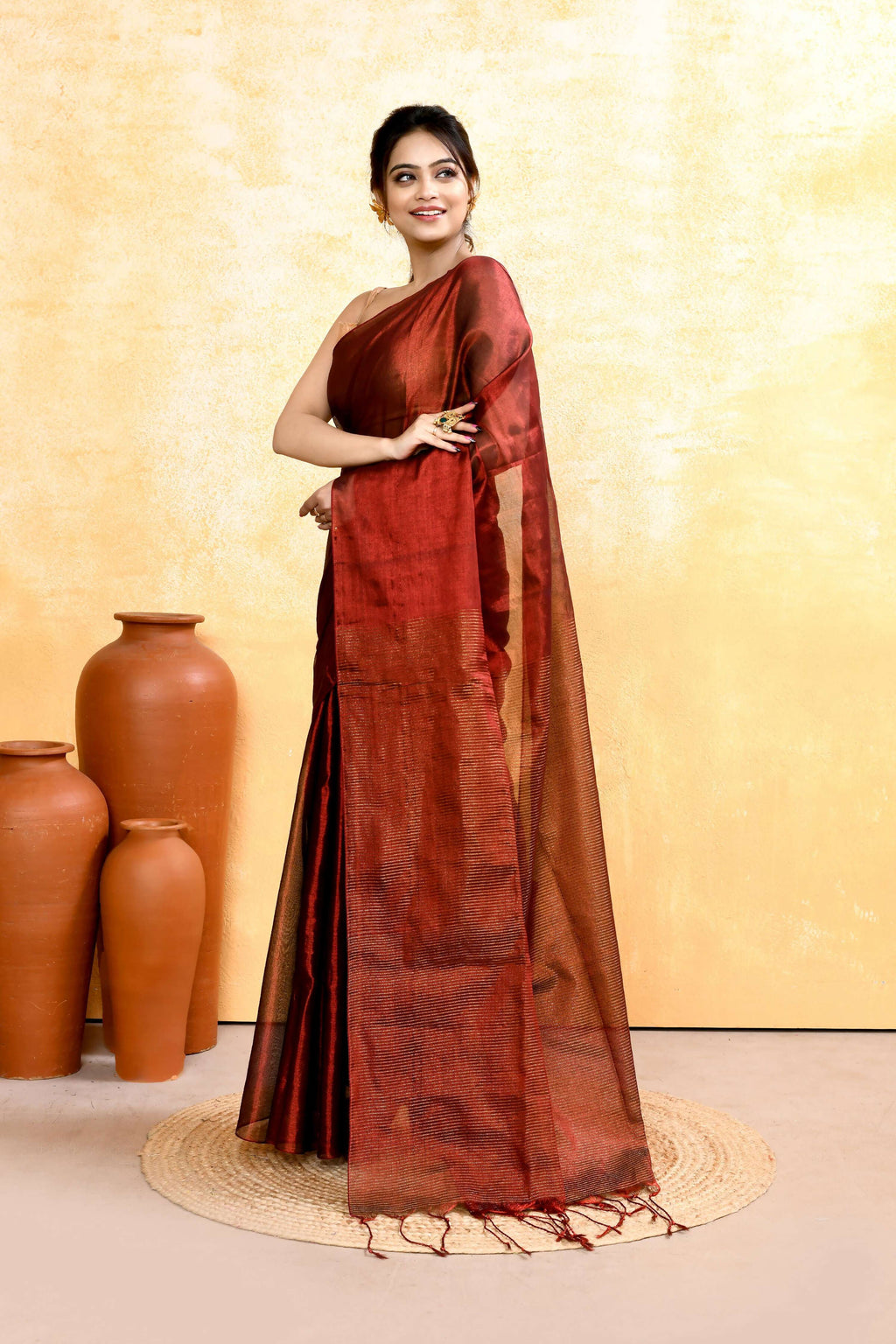 Maroon Dual Tone Organic Tissue Saree with Matching Blouse Piece
