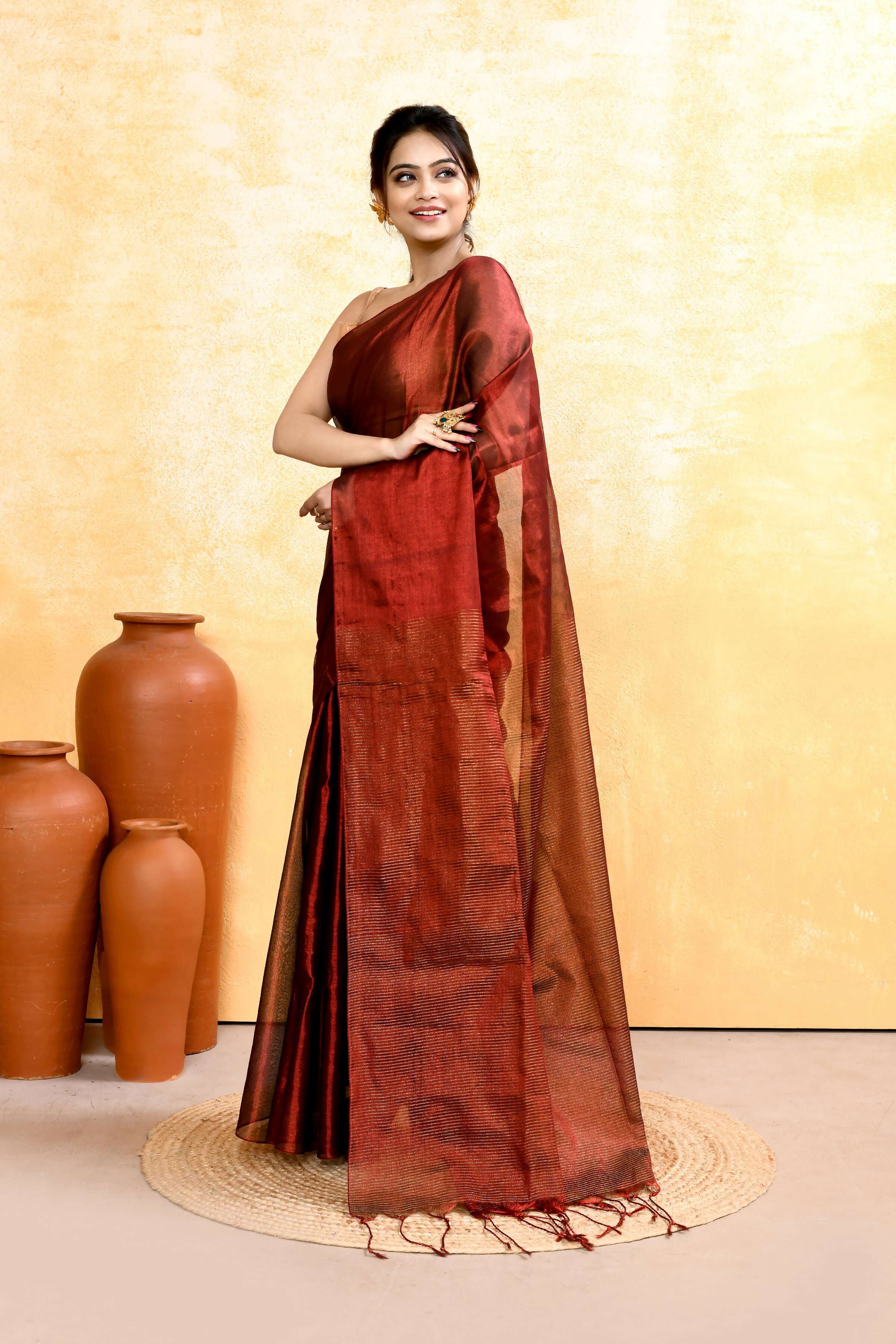 Maroon Dual Tone Organic Tissue Saree with Matching Blouse Piece