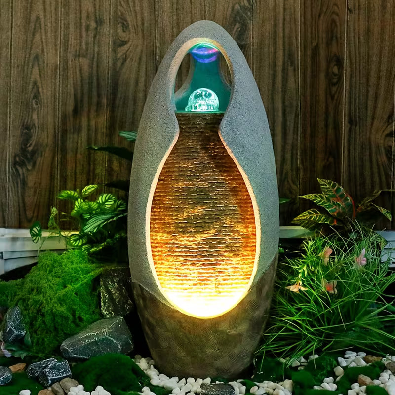 27.6 in Floor-Standing Cobblestone Fountain with Lights