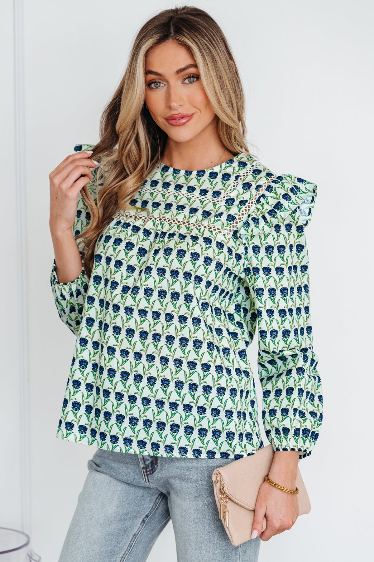 Floral Lace Trim Ruffle Long Sleeve Blouse
