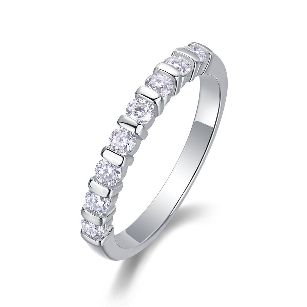 S925 Silver 2.1g Platinum Plated Moissanite Ring, 2.8mm 8pcs D VVS1 Half Eternity Band, GRA Certified US 5-9