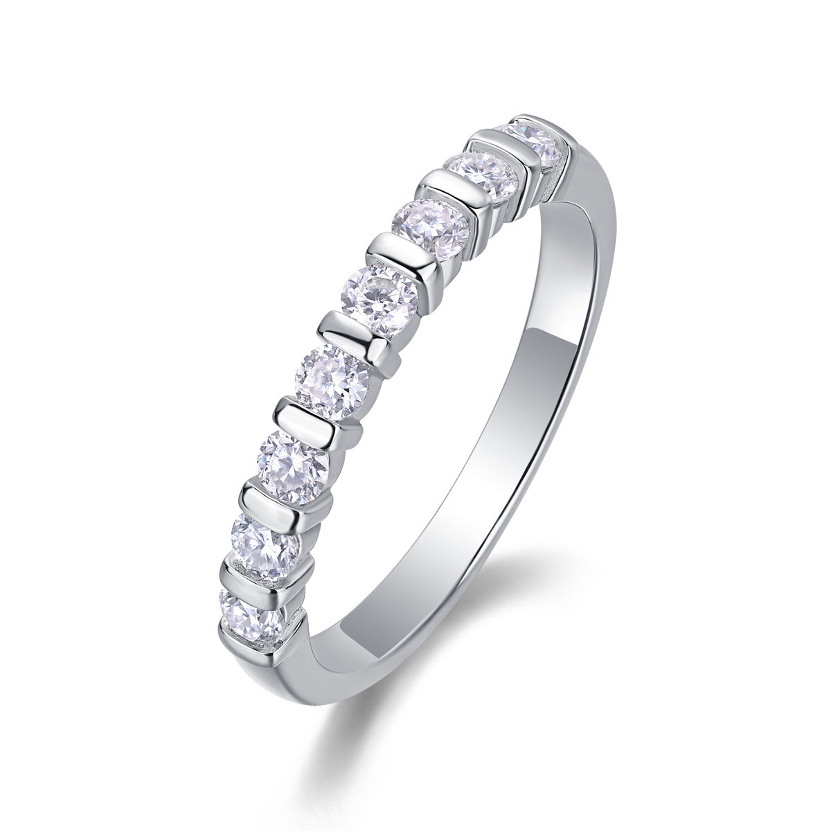 S925 Silver 2.1g Platinum Plated Moissanite Ring, 2.8mm 8pcs D VVS1 Half Eternity Band, GRA Certified US 5-9