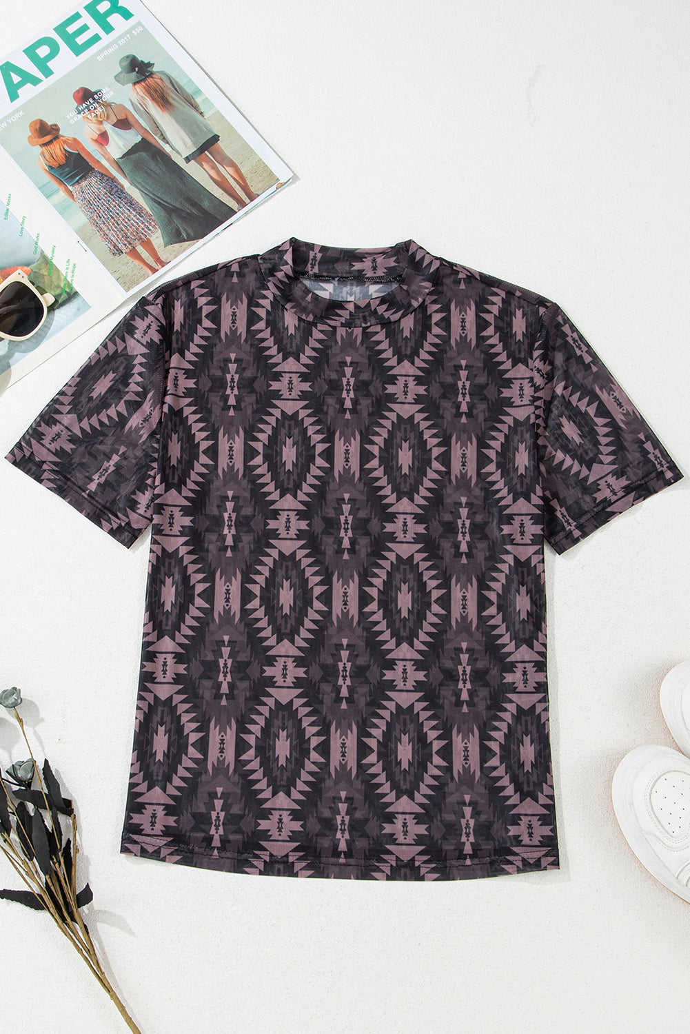 Brown Aztec Print Mock Neck Short Sleeve Mesh T-Shirt