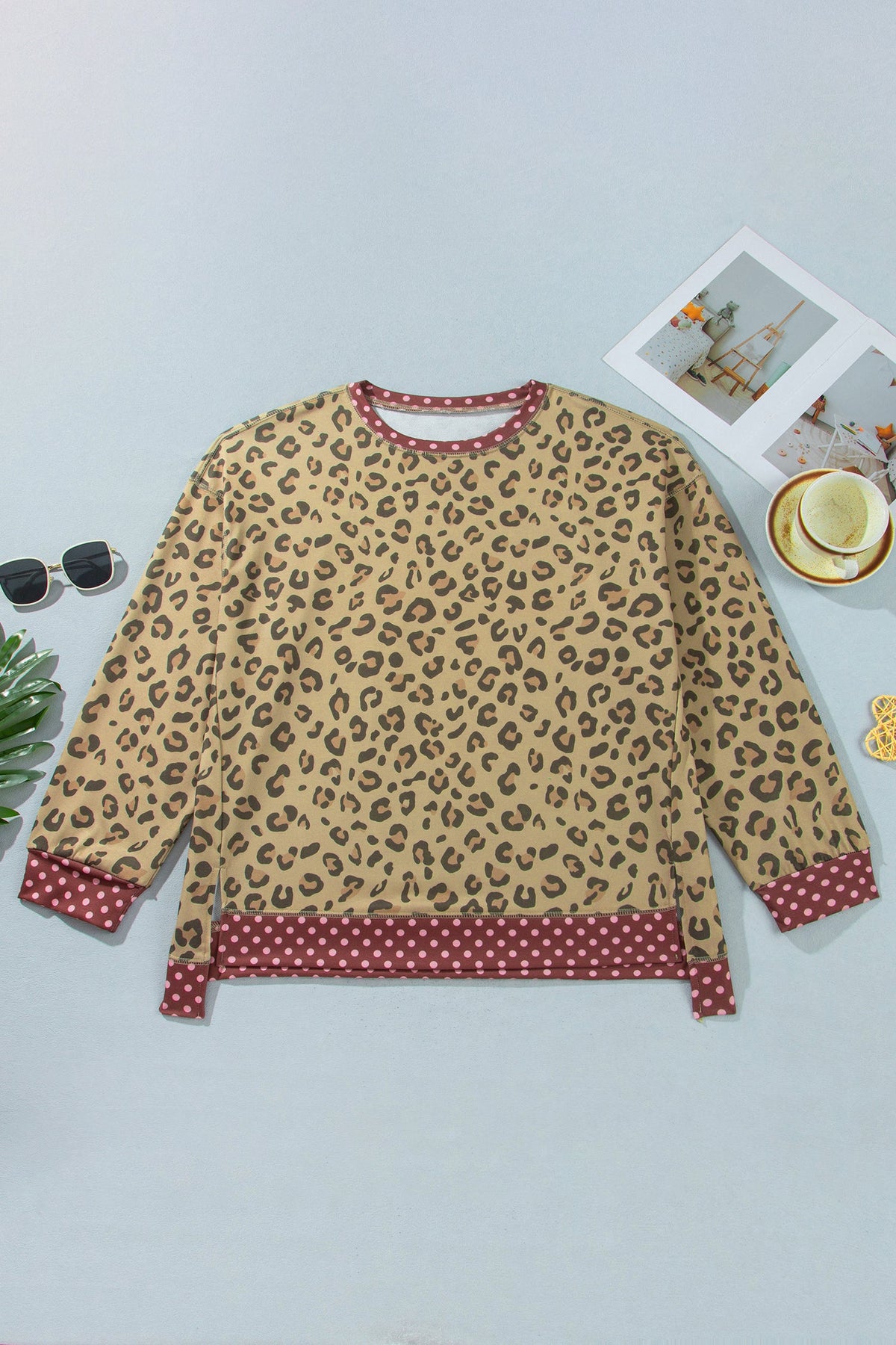 Plus Size Leopard Polka Dot Trim Long Sleeve Top