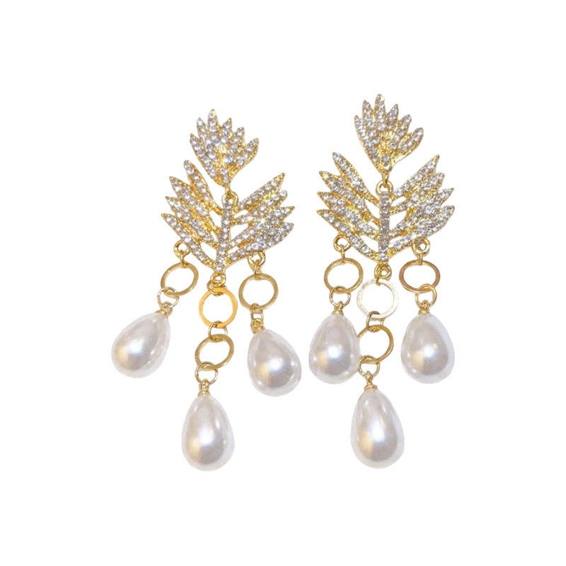 Womens Leaf Teardrop Rhinestone Inlaid Tassel Stud Earrings,Costume Earrings For Daily Party Wear