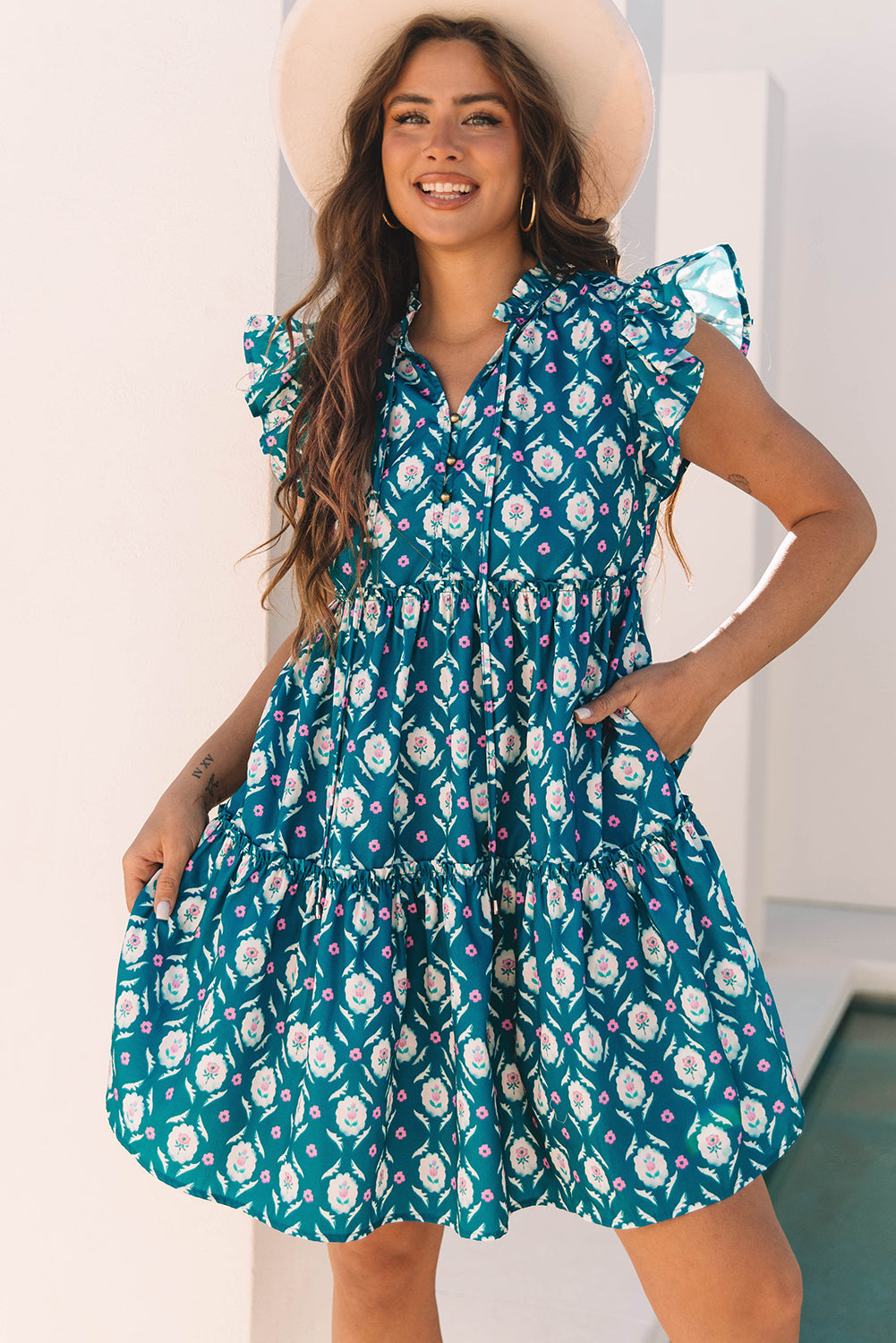 Women's Floral Split Neck Ruffle Sleeve Mini Dress