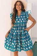 Women's Floral Split Neck Ruffle Sleeve Mini Dress