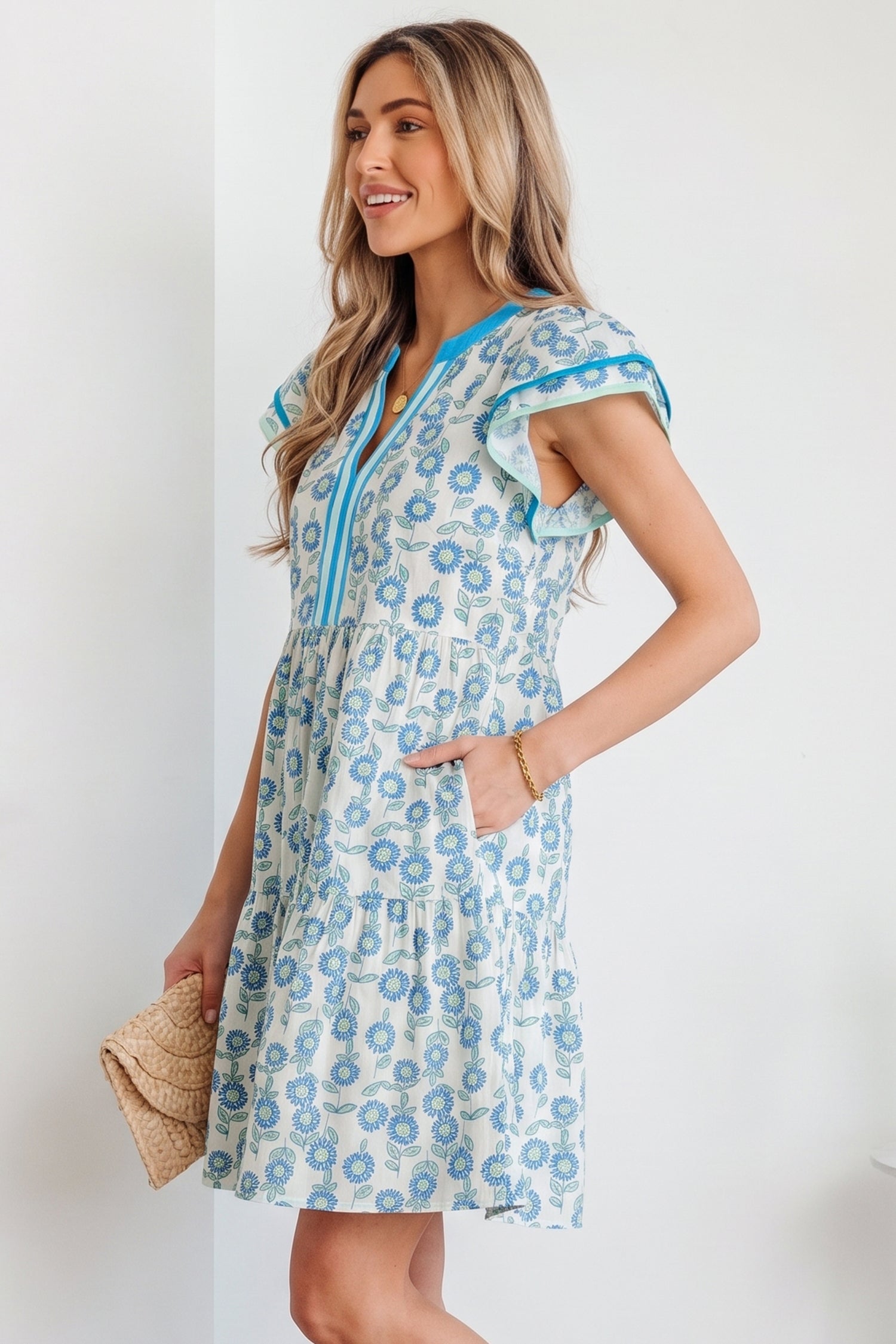 Marlowe Flutter Sleeve Mini Dress in Floral Cotton Blend