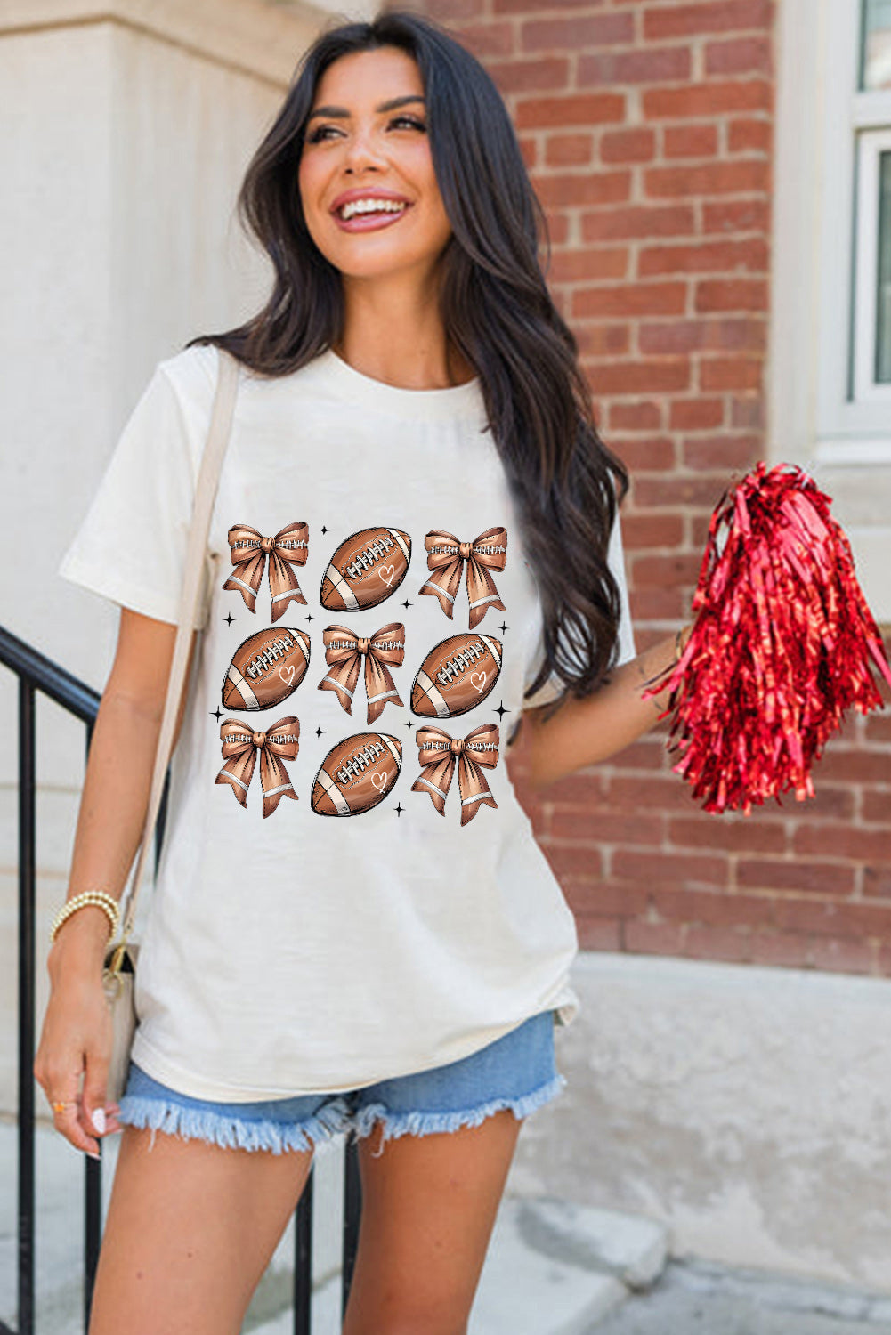 White Football Fashion Bow Print Cotton Blend T-Shirt