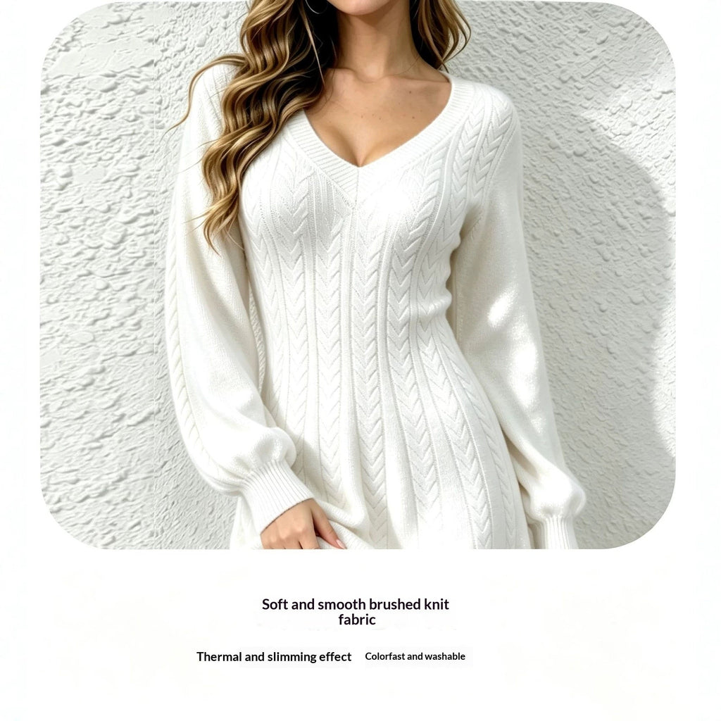 Women's V-Neck Cable-Knit Pullover Dress