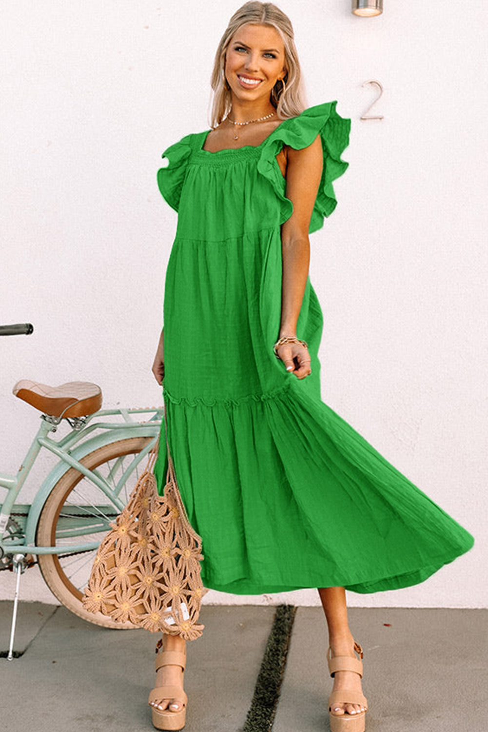 Green Ruffled Flutter Sleeve Square Neck Tiered Maxi Dress