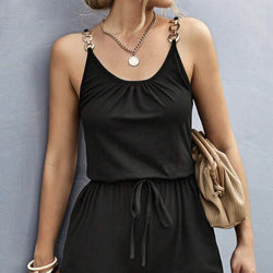 Women's Black Sleeveless Chain Detail Lace-Up Suspender Jumpsuit - Image 4