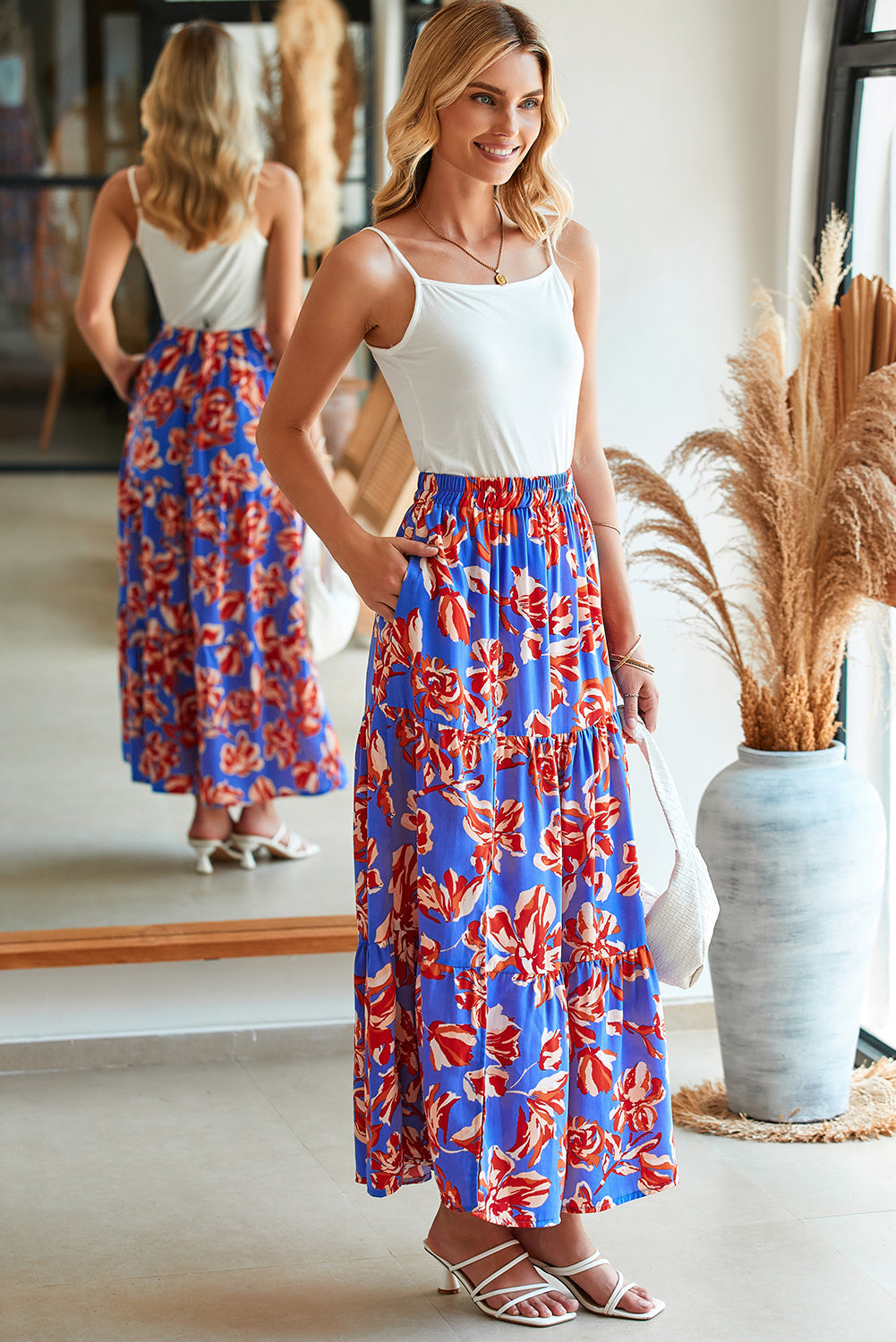 Blue Bohemian Floral Tiered Maxi Skirt with Side Split
