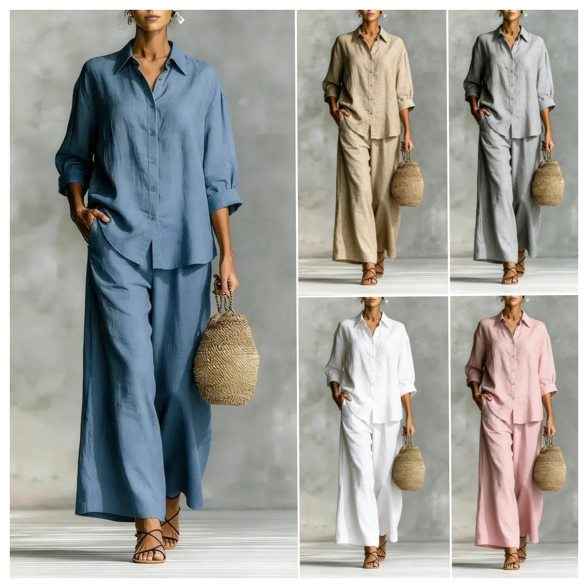 A woman wearing a two-piece cotton-linen set with a button-up shirt and wide-leg pants in soft neutral tones.