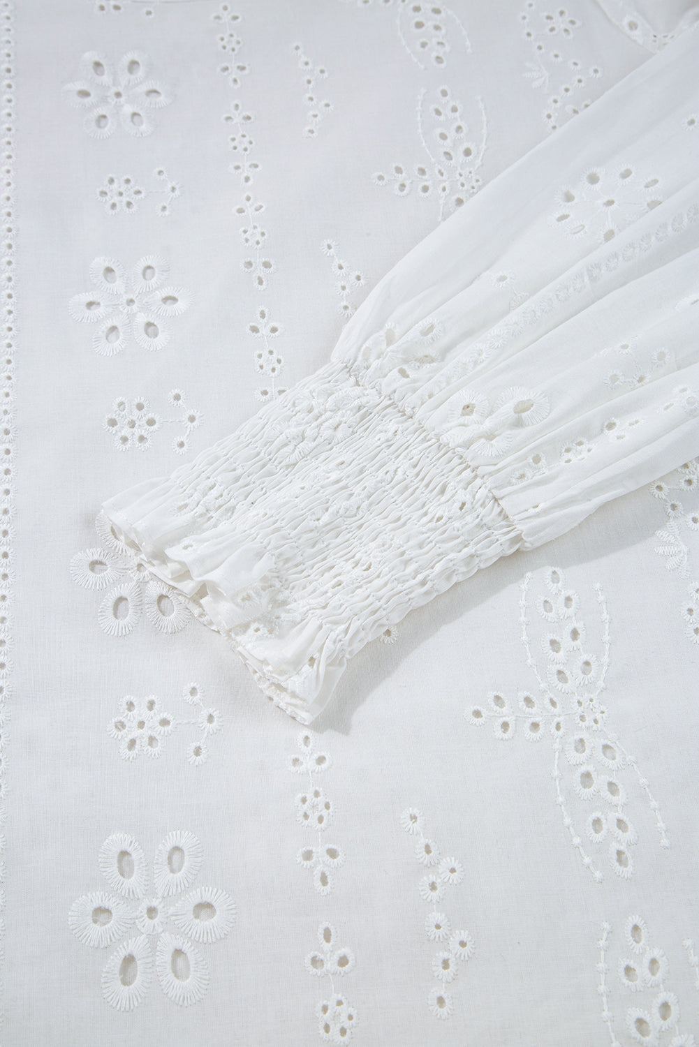 White Solid Eyelet Embroidered Long Sleeve Smocked Blouse - Image 9