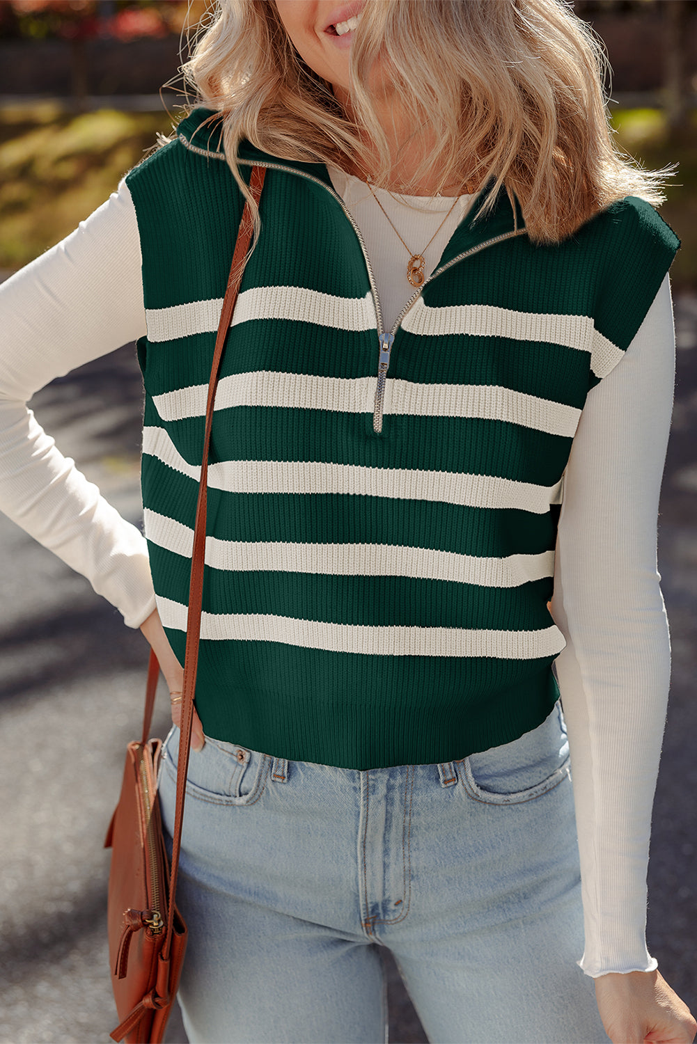 Collar Ribbed Half-Zip Sweater Vest