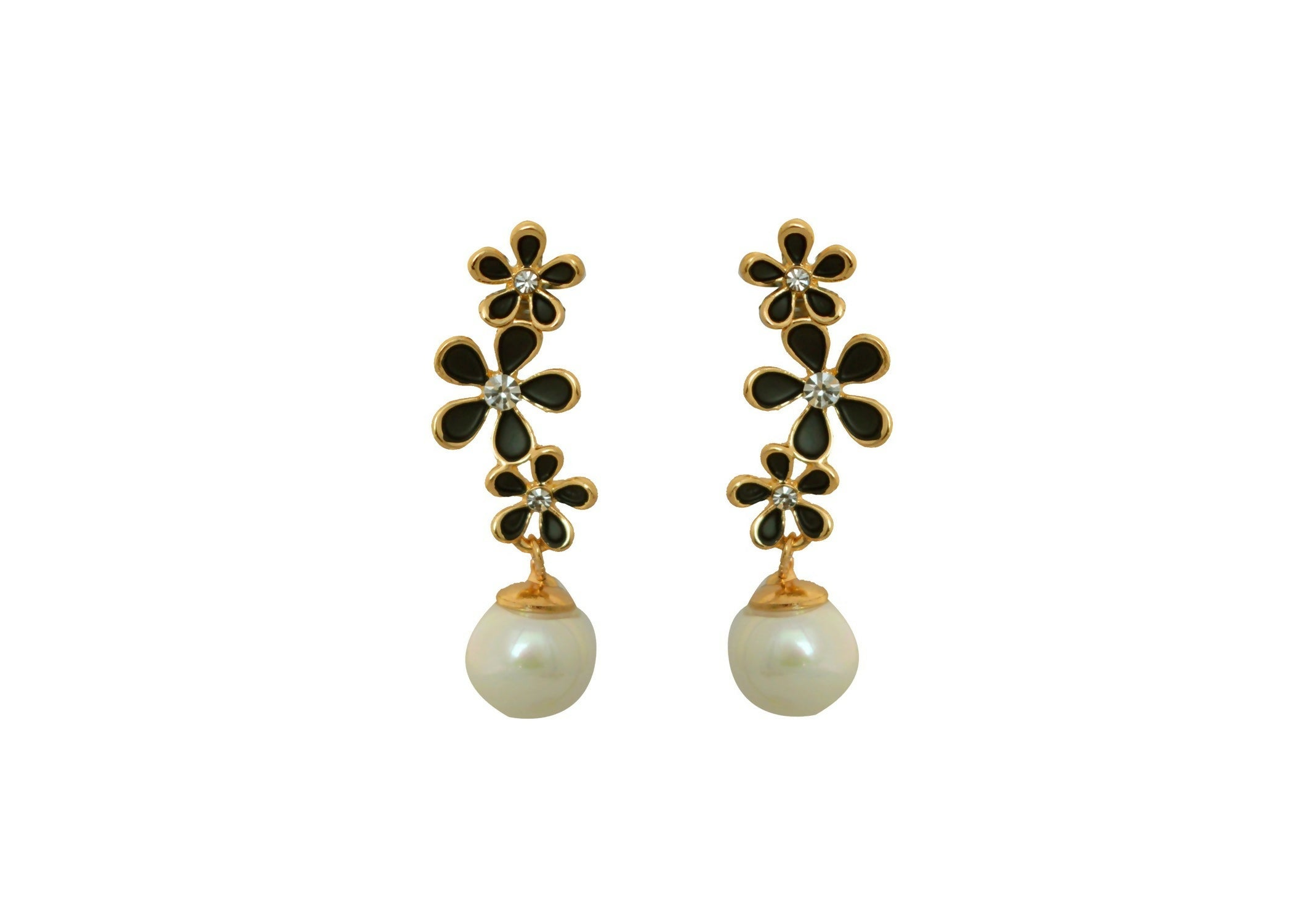 Close-up of elegant golden, white, and black AD earrings by Joban Fashion