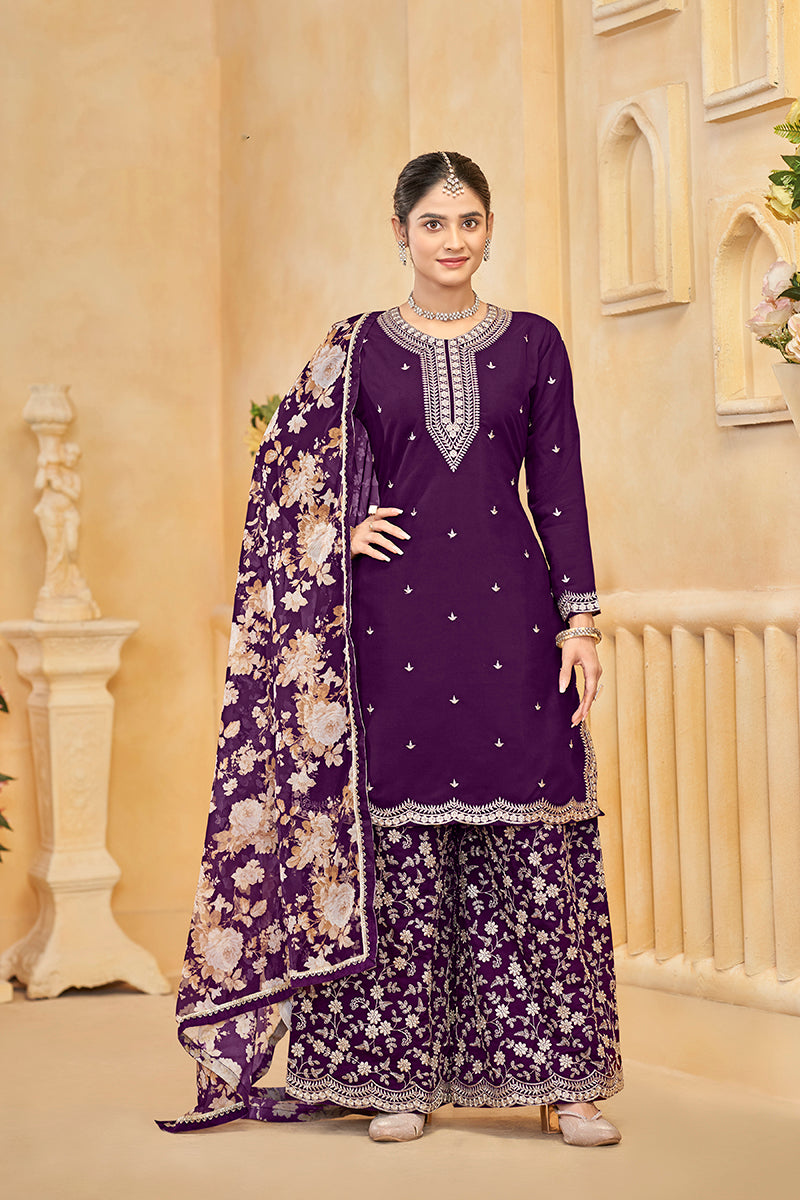 Dark-purple Santoon Silk salwar suit with intricate embroidery for festive occasions.