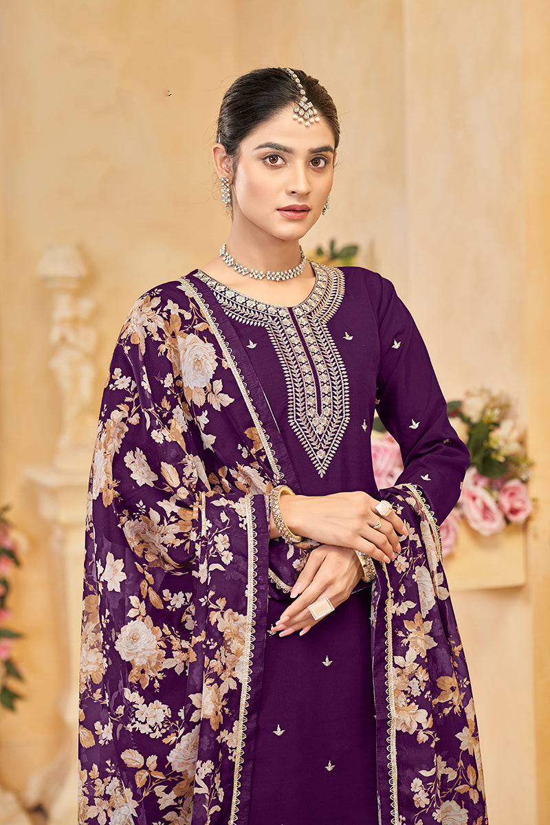 Dark-Purple Embroidered Santoon Silk Salwar Suit for Women