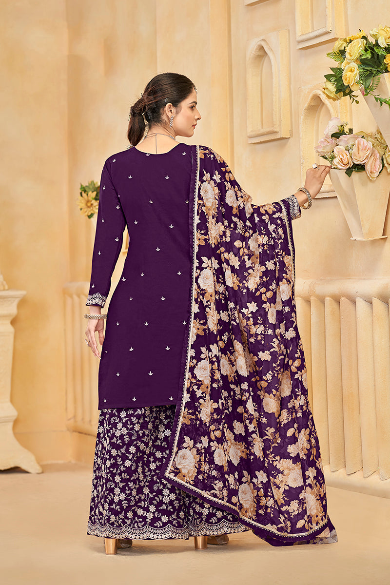 Dark-Purple Embroidered Santoon Silk Salwar Suit for Women