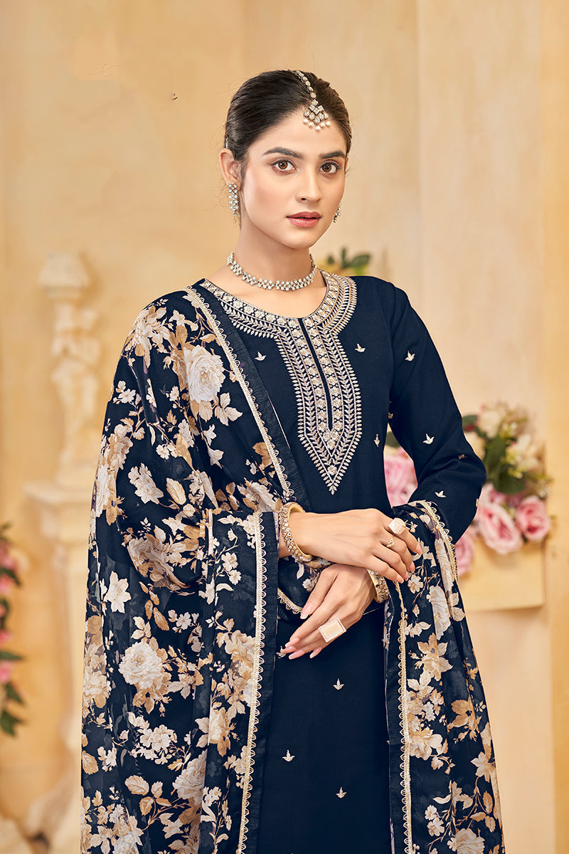 Monjolika Fashion Navy-Blue Color Embroidered Santoon Silk Salwar Suit