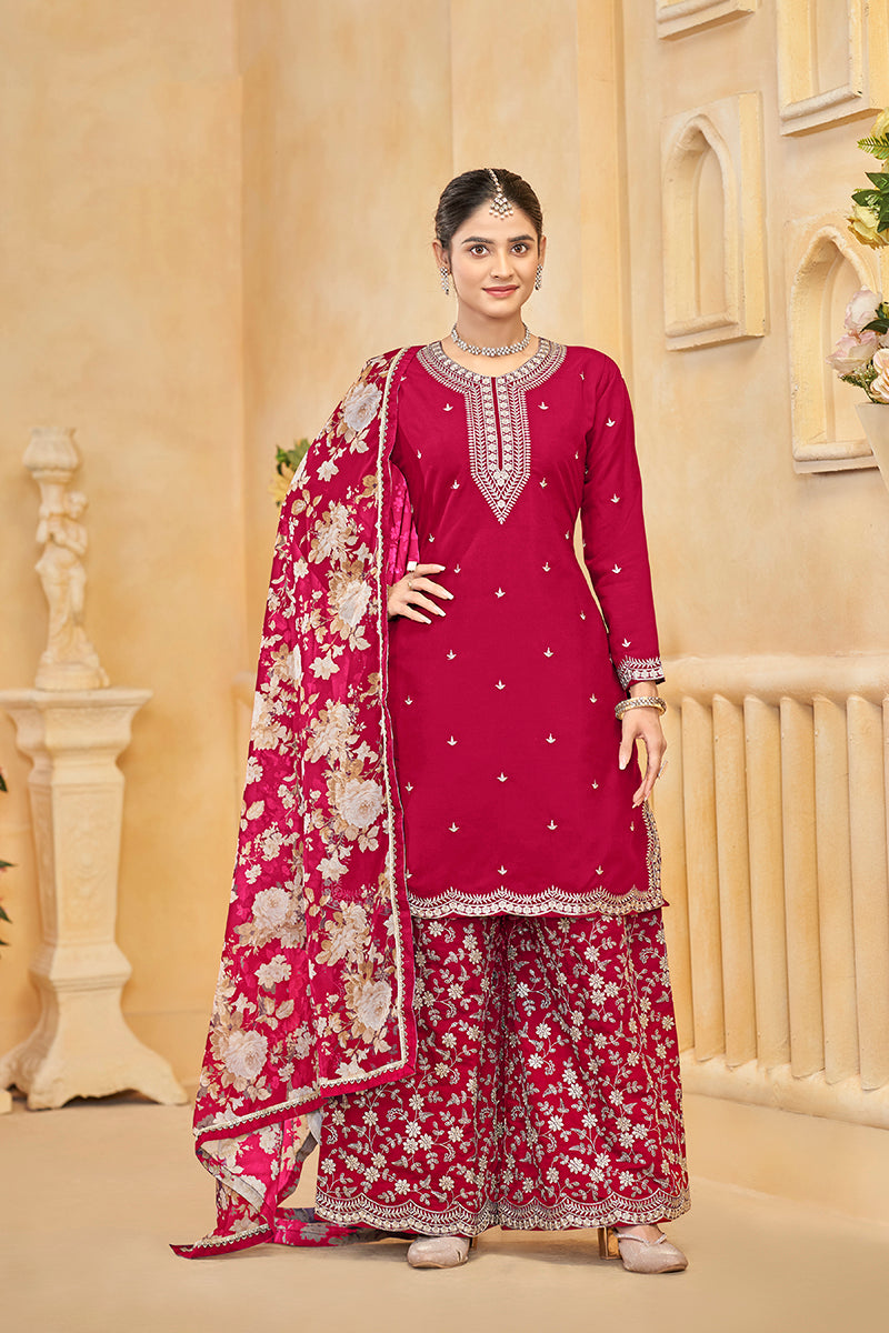 Vibrant dark-hot-pink Santoon Silk salwar suit with elegant embroidery work.
