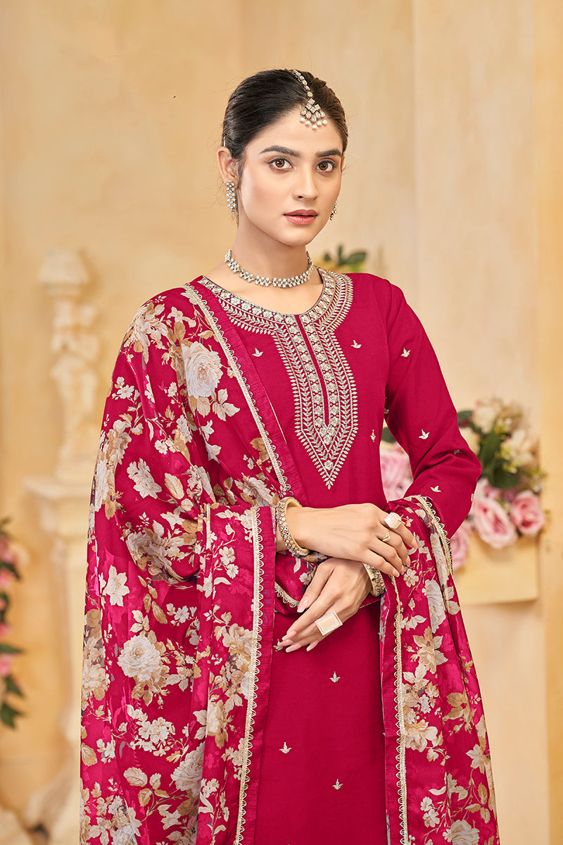 Dark-Hot-Pink Embroidered Santoon Silk Salwar Suit Set