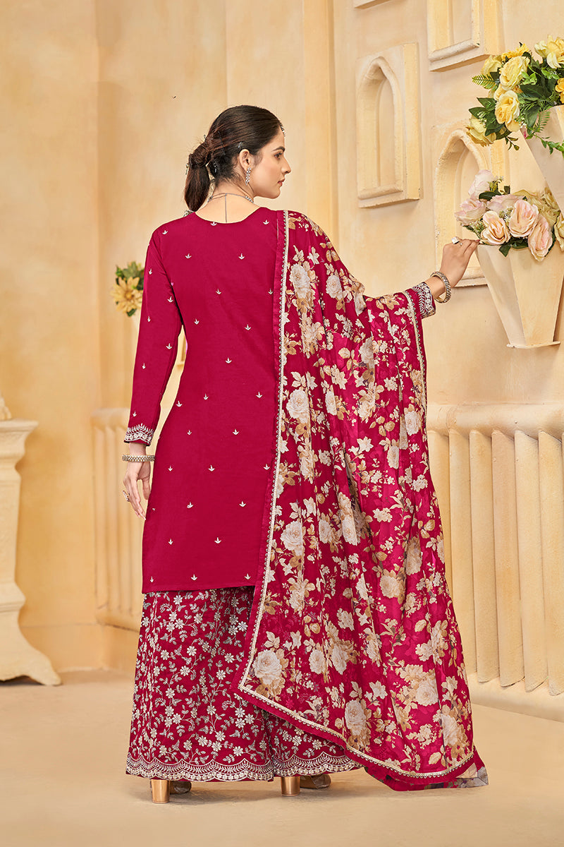 Dark-Hot-Pink Embroidered Santoon Silk Salwar Suit Set