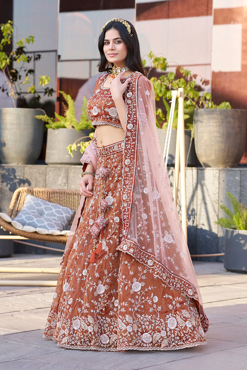 Dark Orange Art Silk A-Line Lehenga Choli With Embroidery
