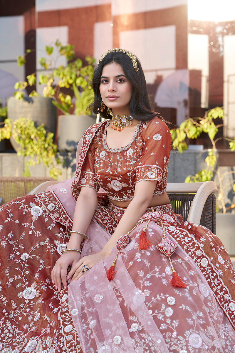 Dark Orange Art Silk A-Line Lehenga Choli With Embroidery