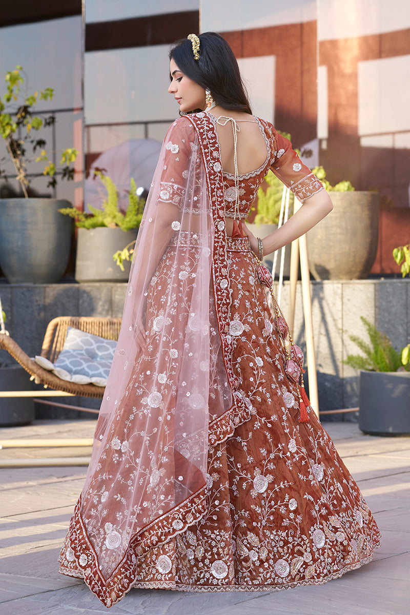 Dark Orange Art Silk A-Line Lehenga Choli With Embroidery
