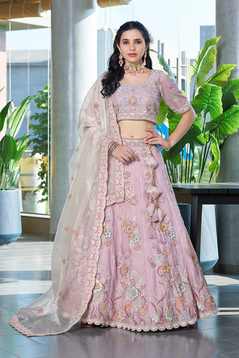 Light pink art silk A-line lehenga choli with detailed embroidery.