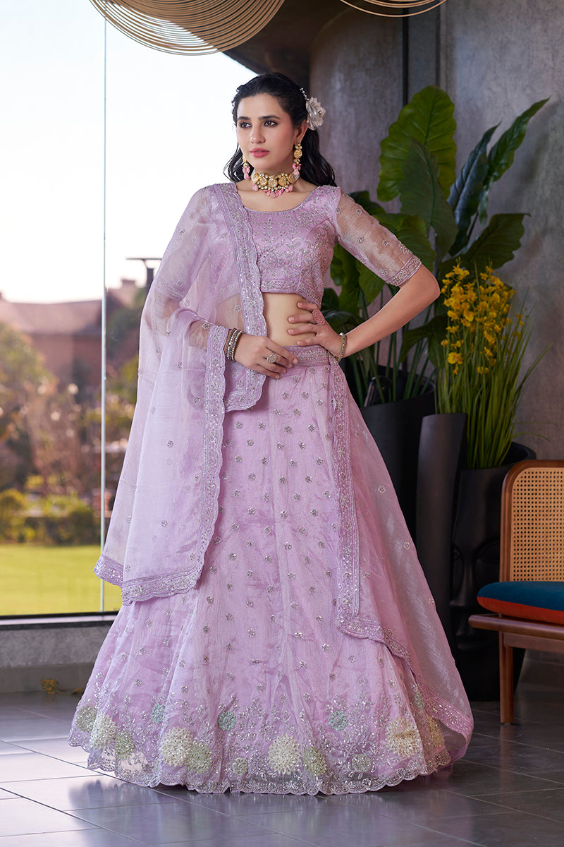 Lavender A-line embroidered art silk lehenga choli for wedding engagements
