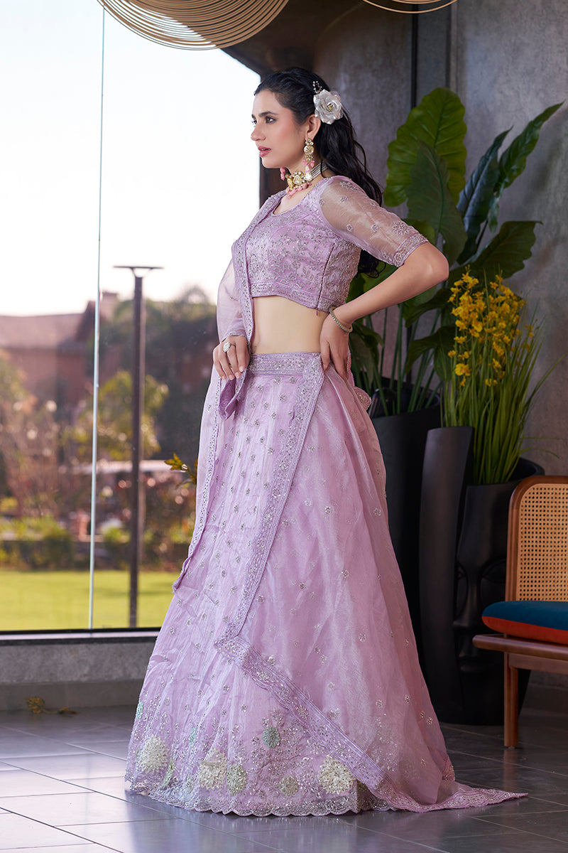 Lavender Embroidered A-Line Lehenga Choli in Art Silk Fabric