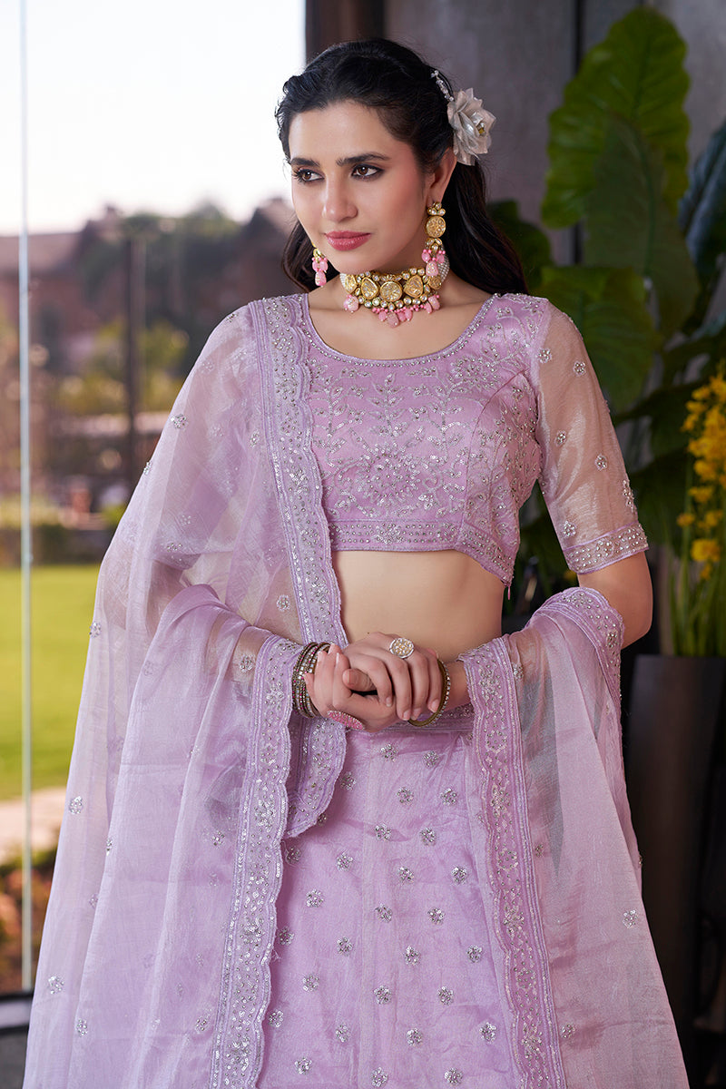 Lavender Embroidered A-Line Lehenga Choli in Art Silk Fabric