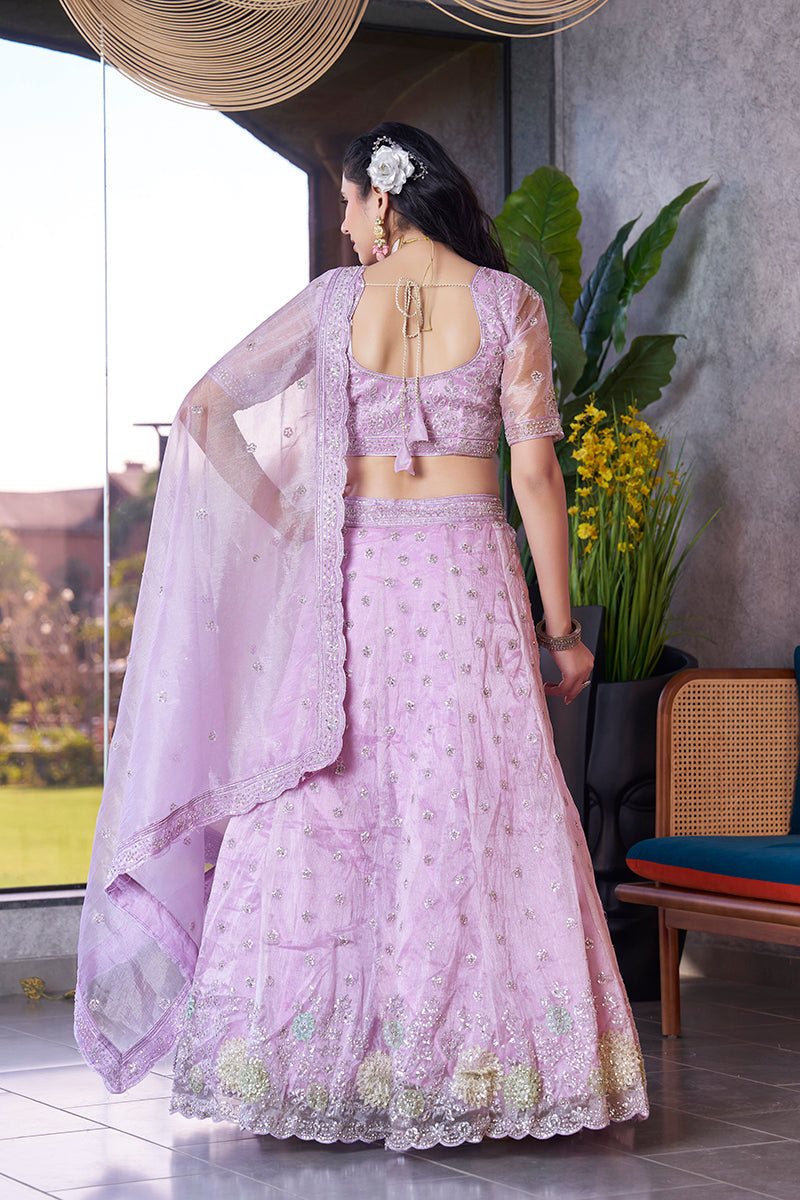 Lavender Embroidered A-Line Lehenga Choli in Art Silk Fabric