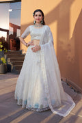 White art silk A-line lehenga choli with elegant embroidery for engagements.
