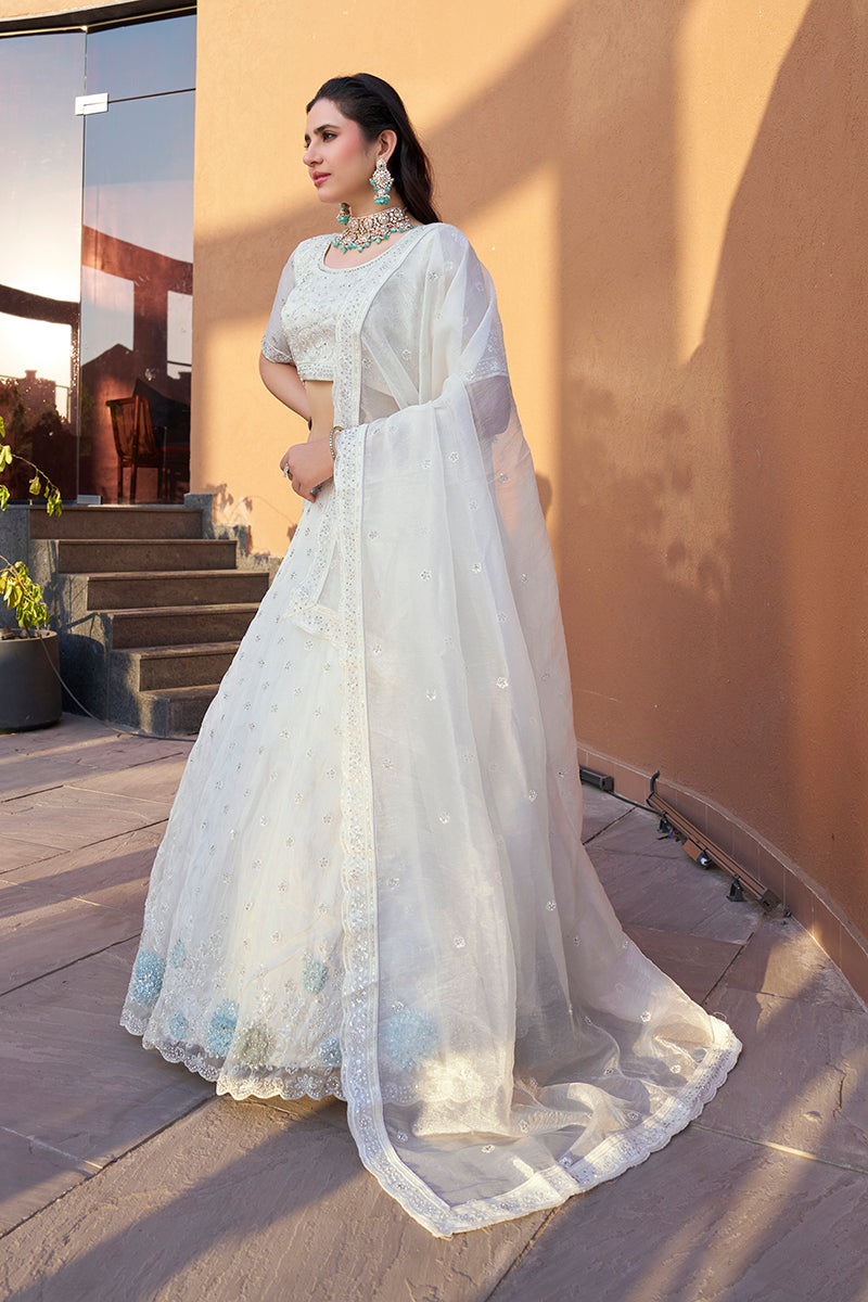 White Art Silk Embroidered A-Line Lehenga Choli for Engagement