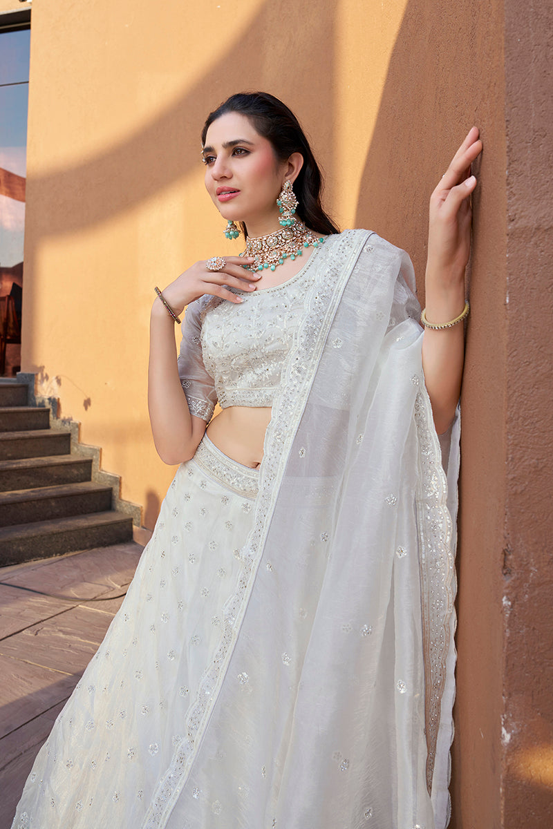 White Art Silk Embroidered A-Line Lehenga Choli for Engagement