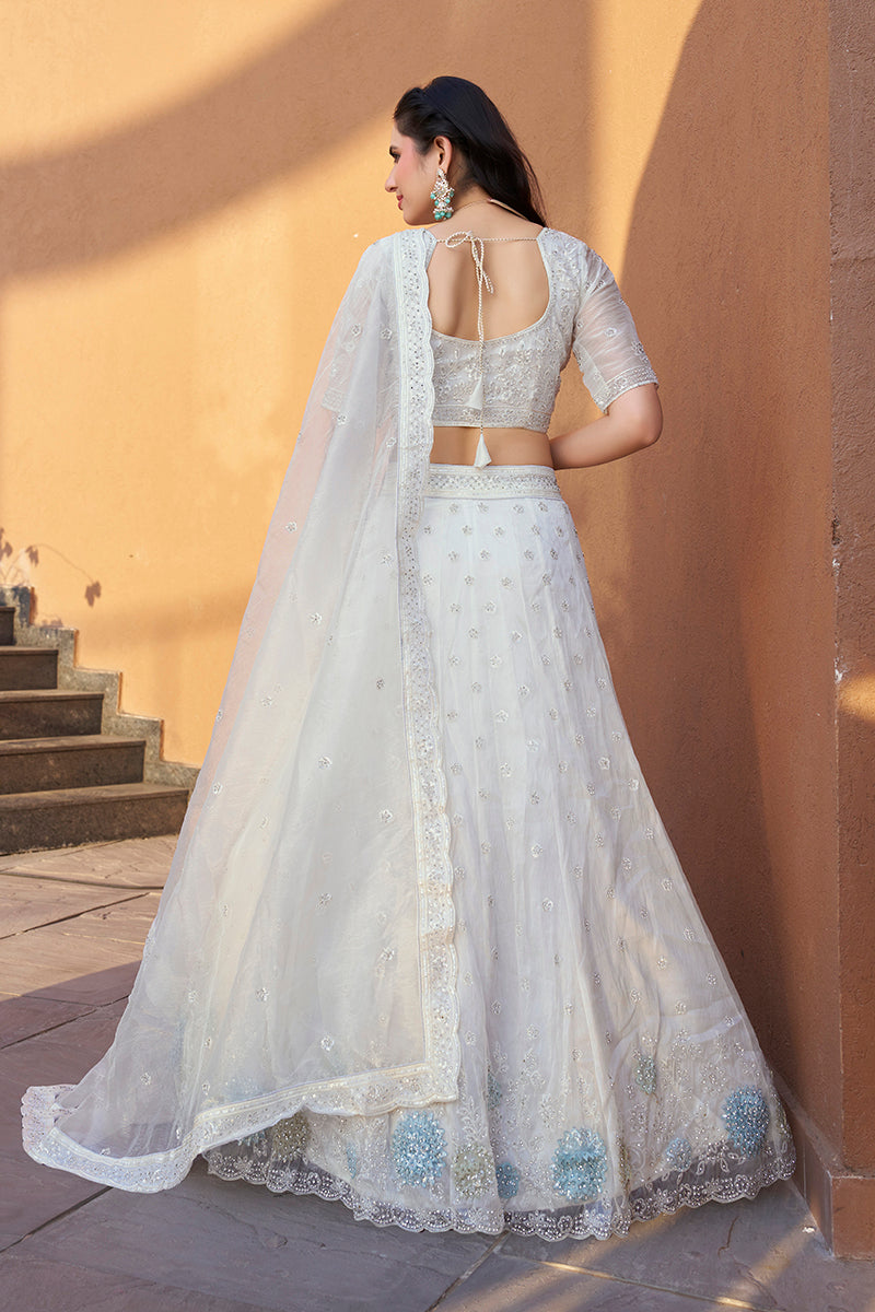 White Art Silk Embroidered A-Line Lehenga Choli for Engagement