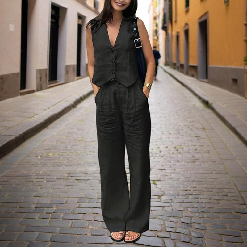 Women’s V-Neck Button-Front Vest and High-Waist Pants Set