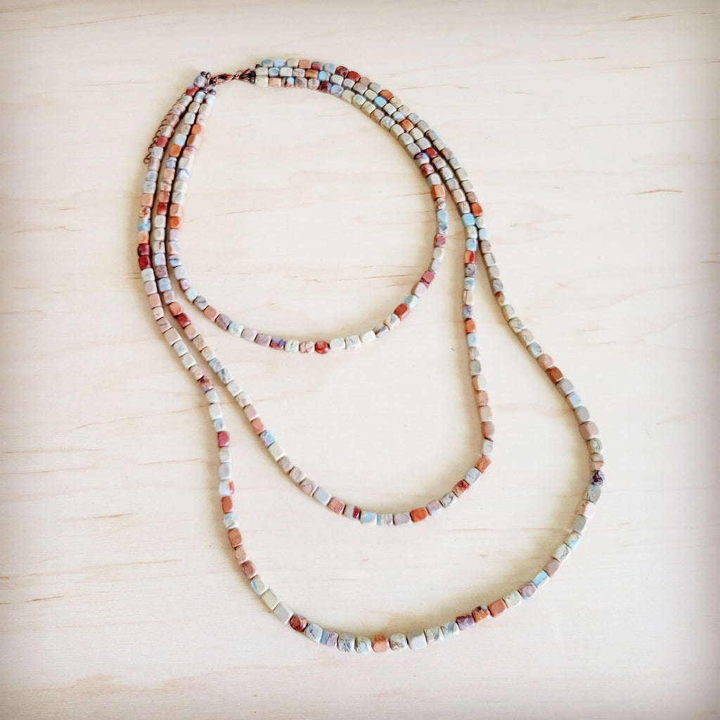 Triple Strand Layered Western Boho Aqua Terra Necklace 264q