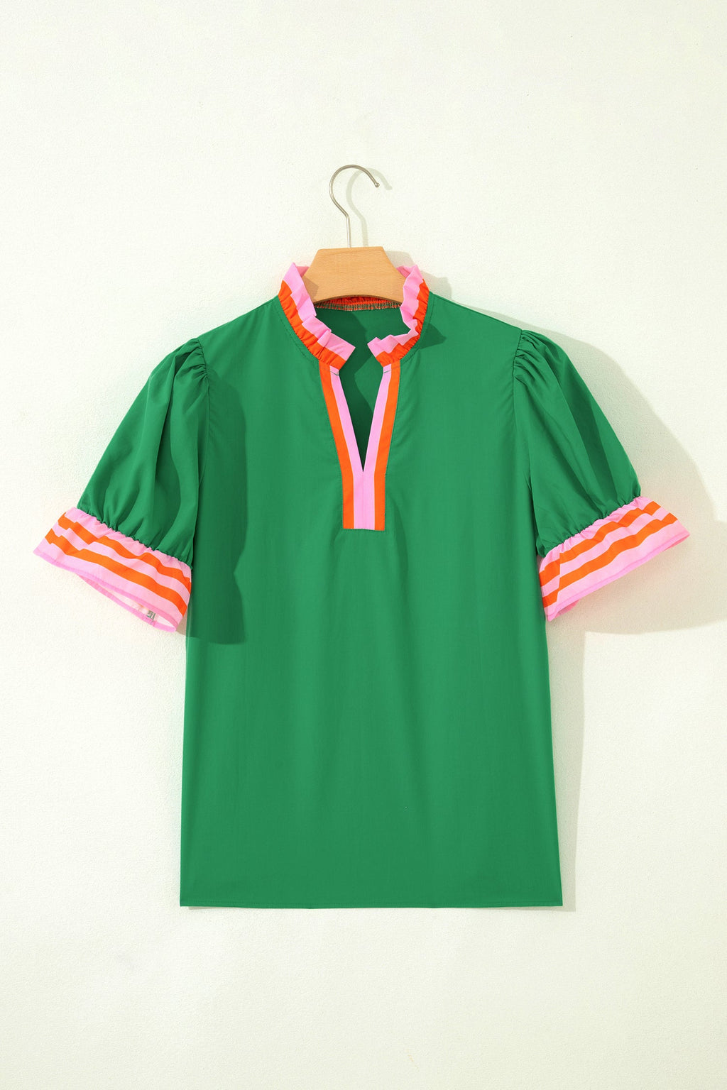 Stripe Frilled Collar Ruffle Short Sleeve Blouse - Green Blue Pink